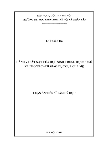 Luận án Hành vi bắt nạt của học sinh Trung học cơ sở và phong cách giáo dục của cha mẹ