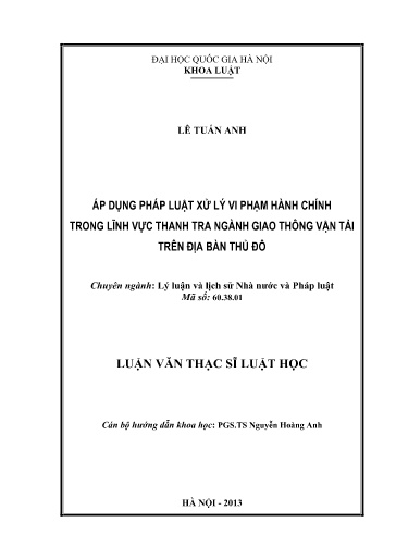 Luận văn Áp dụng pháp luật xử lý vi phạm hành chính trong lĩnh vực thanh tra ngành Giao thông Vận tải trên địa bàn Thủ đô