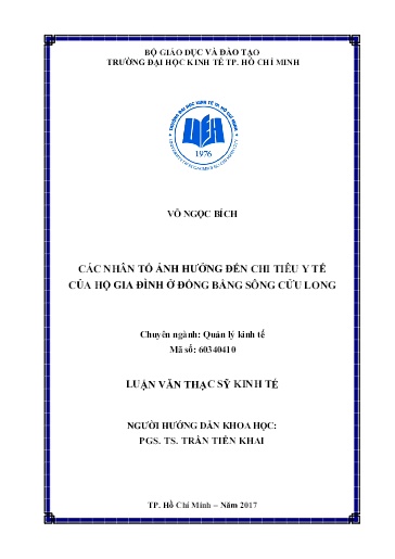 Luận văn Các nhân tố ảnh hưởng đến chi tiêu y tế của hộ gia đình ở Đồng bằng sông Cửu Long