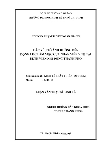 Luận văn Các yếu tố ảnh hưởng đến động lực làm việc của nhân viên y tế tại Bệnh viện Nhi Đồng Thành phố
