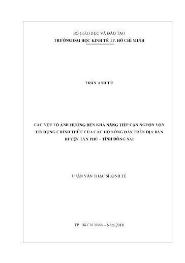Luận văn Các yếu tố ảnh hưởng đến khả năng tiếp cận nguồn vốn tín dụng chính thức của các hộ nông dân trên địa bàn huyện Tân Phú – tỉnh Đồng Nai