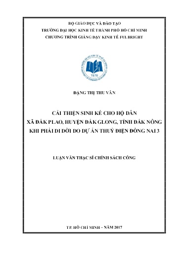 Luận văn Cải thiện sinh kế cho hộ dân xã Đắk Plao, huyện Đắk Glong, tỉnh Đắk Nông khi phải di dời do dự án Thuỷ Điện Đồng Nai 3