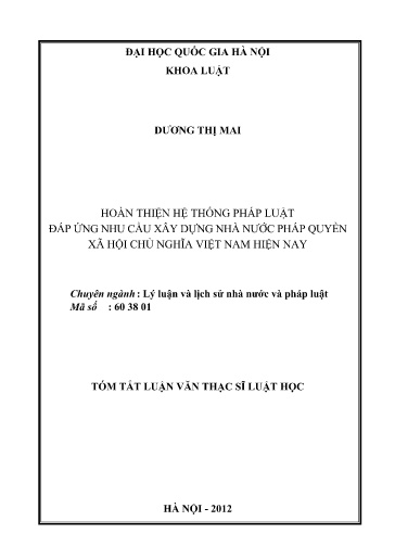 Luận văn Hoàn thiện hệ thống pháp luật đáp ứng nhu cầu xây dựng nhà nước pháp quyền Xã hội Chủ nghĩa Việt Nam hiện nay