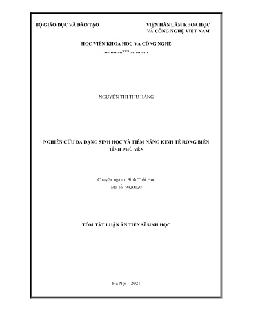 Luận văn Nghiên cứu đa dạng sinh học và tiềm năng kinh tế rong biển tỉnh Phú Yên