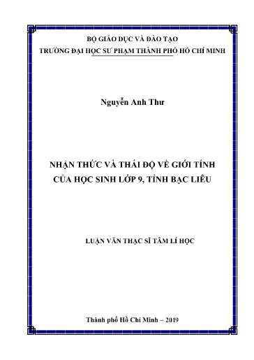 Luận văn Nhận thức và thái độ về giới tính của học sinh Lớp 9, tỉnh Bạc Liêu