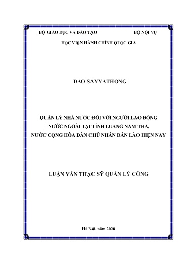 Luận văn Quản lý nhà nước đối với người lao động nước ngoài tại tỉnh Luang Nam Tha, nước Cộng hòa Dân chủ Nhân dân Lào hiện nay