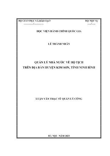 Luận văn Quản lý nhà nước về hộ tịch trên địa bàn huyện Kim Sơn, tỉnh Ninh Bình