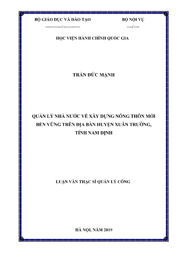 Luận văn Quản lý nhà nước về xây dựng nông thôn mới bền vững trên địa bàn huyện Xuân Trường, tỉnh Nam Định