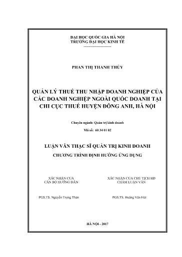 Luận văn Quản lý thuế thu nhập doanh nghiệp của các doanh nghiệp ngoài quốc doanh tại Chi cục thuế huyện Đông Anh, Hà Nội