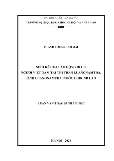 Luận văn Sinh kế của lao động di cư người Việt Nam tại Thị trấn Luangnamtha, tỉnh Luangnamtha, nước CHDCND Lào