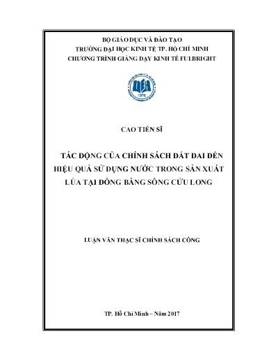 Luận văn Tác động của chính sách đất đai đến hiệu quả sử dụng nước trong sản xuất lúa tại Đồng bằng sông Cửu Long