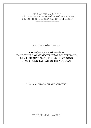 Luận văn Tác động của chính sách tăng thuế bảo vệ môi trường đối với xăng lên tiêu dùng xăng trong hoạt động giao thông tại các đô thị Việt Nam