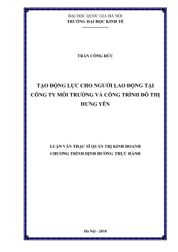 Luận văn Tạo động lực cho người lao động tại Công ty môi trường và công trình đô thị Hưng Yên