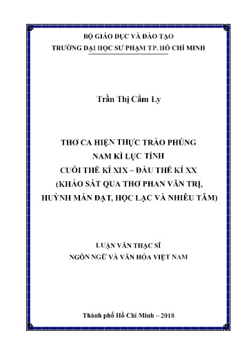 Luận văn Thơ ca hiện thực trào phúng Nam Kì lục tỉnh cuối thế kỉ xix – đầu thế kỉ xx (Khảo sát qua thơ Phan Văn Trị, Huỳnh Mẫn Đạt, học lạc và nhiêu tâm)