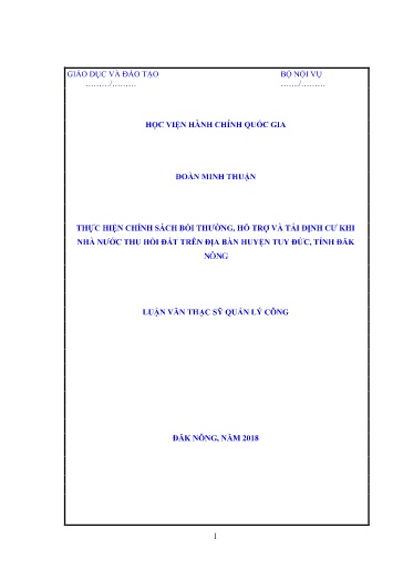 Luận văn Thực hiện chính sách bồi thường, hỗ trợ và tái định cư khi nhà nước thu hồi đất trên địa bàn huyện Tuy Đức, tỉnh Đăk Nông