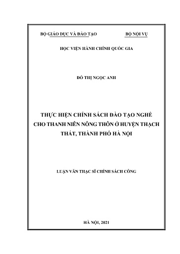 Luận văn Thực hiện chính sách đào tạo nghề cho thanh niên nông thôn ở huyện Thạch Thất, Thành phố Hà Nội
