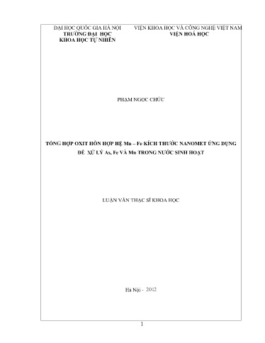 Luận văn Tổng hợp Oxit hỗn hợp hệ Mn – Fe kích thước Nanomet ứng dụng để xử lý As, Fe và Mn trong nước sinh hoạt