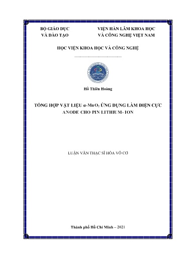 Luận văn Tổng hợp vật liệu α-MnO₂ ứng dụng làm điện cực anode cho Pin Lithium-Ion