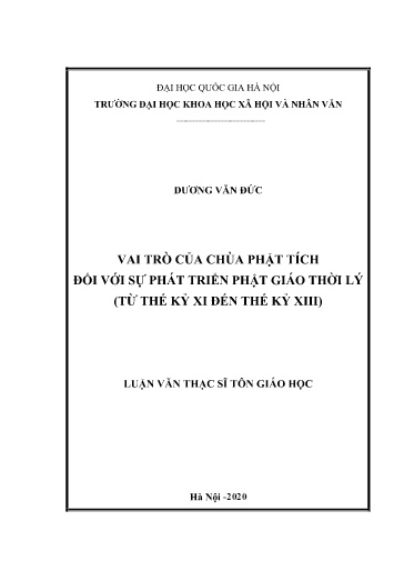 Luận văn Vai trò của chùa phật tích đối với sự phát triển phật giáo thời Lý (Từ thế kỷ xi đến thế kỷ xiii)