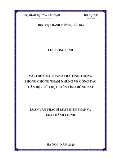 Luận văn Vai trò của thanh tra tỉnh trong phòng chống tham nhũng về công tác cán bộ - Từ thực tiễn tỉnh Đồng Nai