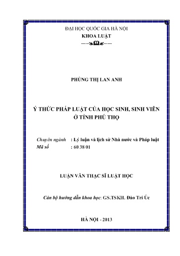 Luận văn Ý thức pháp luật của học sinh, sinh viên ở tỉnh Phú Thọ