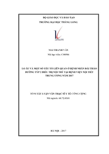 Tóm tắt Luận văn Lo âu và một số yếu tố liên quan ở Bệnh nhân Đái tháo đường týp 2 điều trị nội trú tại Bệnh viện nội tiết Trung Ương năm 2017