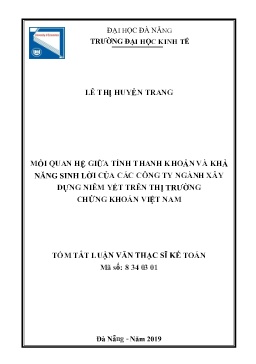 Tóm tắt Luận văn Mối quan hệ giữa tính thanh khoản và khả năng sinh lời của các Công ty ngành xây dựng niêm yết trên thị trường chứng khoán Việt Nam