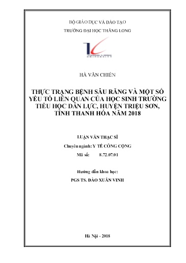 Tóm tắt Luận văn Thực trạng bệnh sâu răng và một số yếu tố liên quan của học sinh Trường Tiểu học Dân Lực, huyện Triệu Sơn, tỉnh Thanh Hóa năm 2018