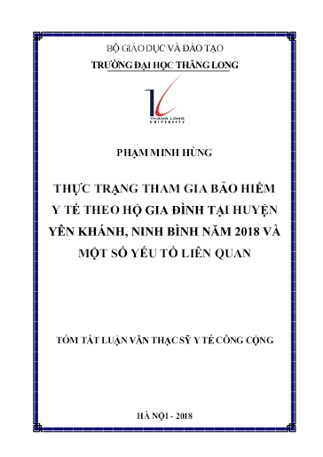 Tóm tắt Luận văn Thực trạng tham gia bảo hiểm y tế theo hộ gia đình tại huyện Yên Khánh, Ninh Bình năm 2018 và một số yếu tố liên quan